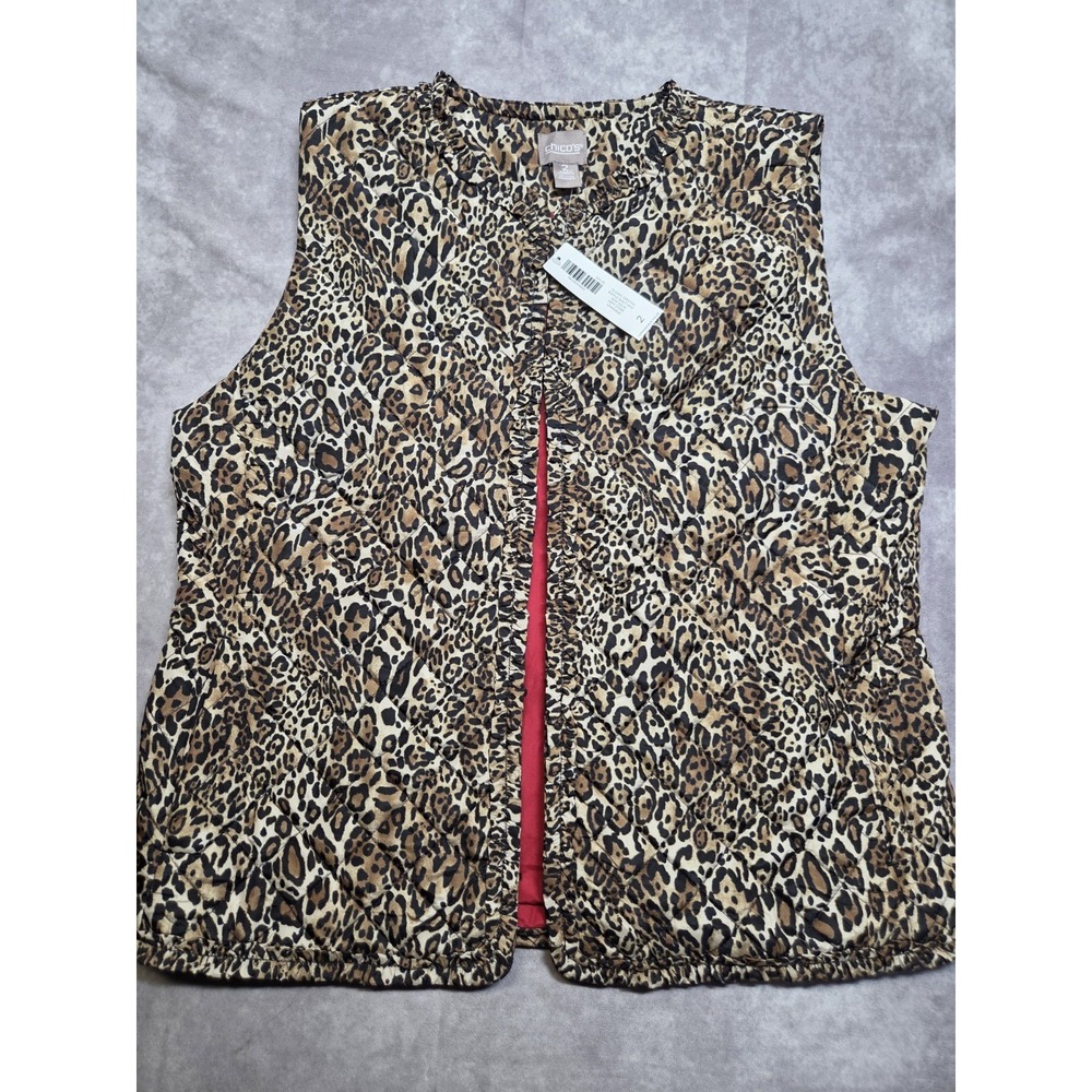 Chicos Leopard Print Quilted Vest NWT Hook And Eye Closure Size 2 Puffer Ruffled